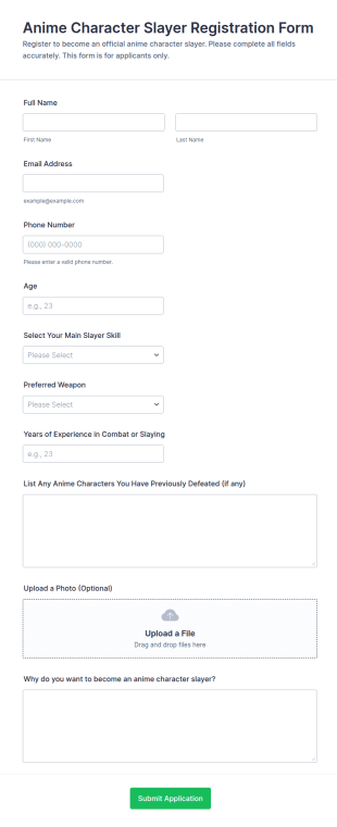 Anime Character Slayer Registration Form Template