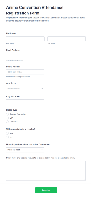 Anime Convention Attendance Registration Form Template