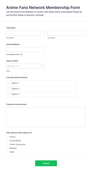 Anime Fans Network Membership Form Template