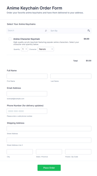 Anime Keychain Order Form Template