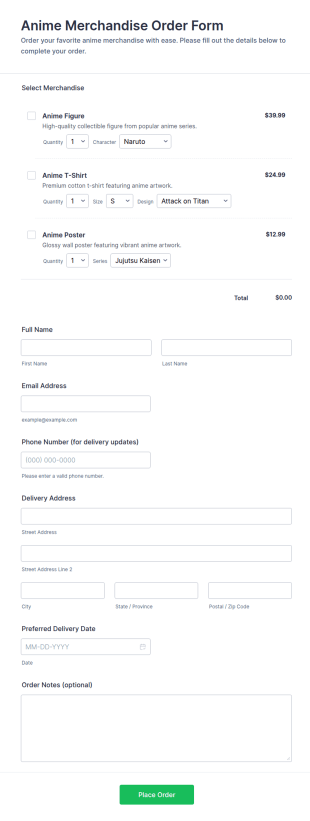 Anime Merchandise Order Form Template