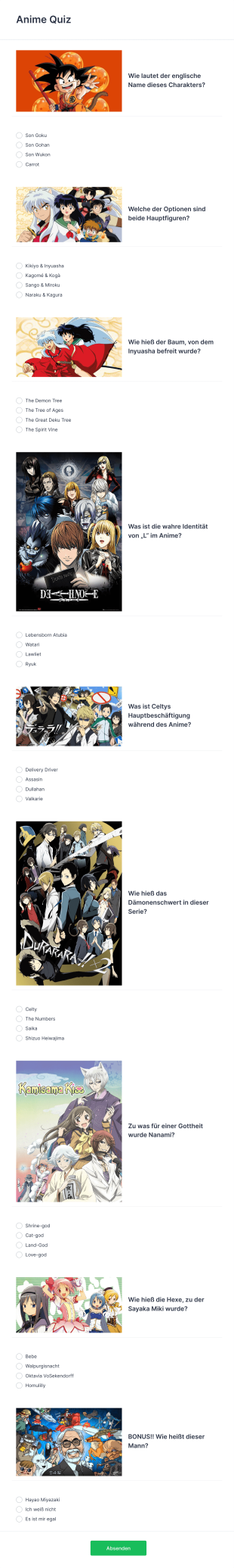 Anime Quiz Form Template