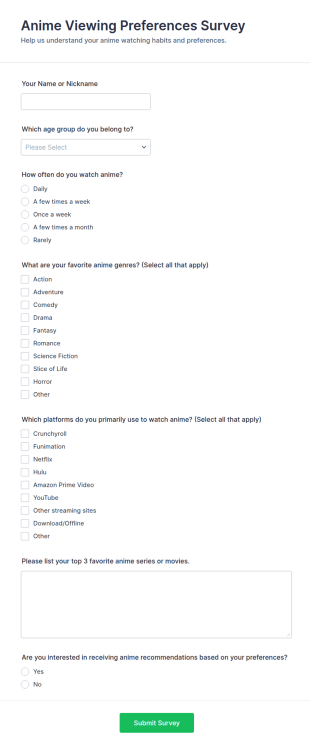 Anime Viewing Preferences Survey Form Template
