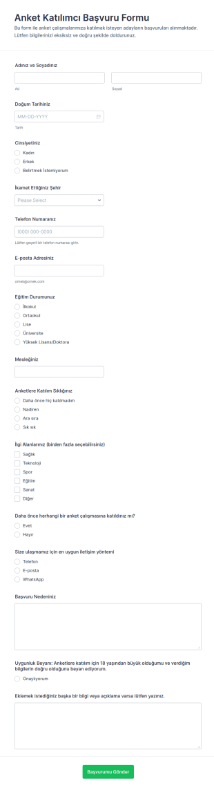 Anket Katılımcı Başvuru Form Şablonu