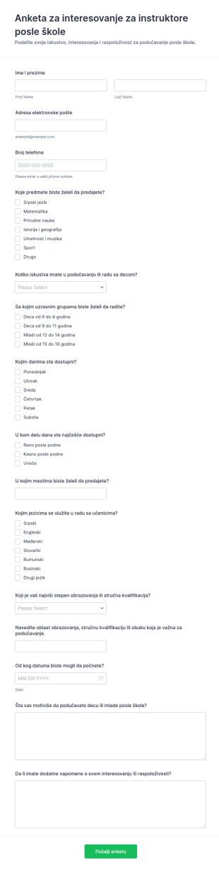 Anket O Interesovanju Za Rad U Poslepodnevnoj školi