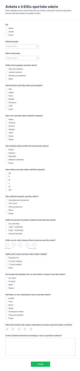 Anketa O Istraživanju Tržišta Sportske Opreme