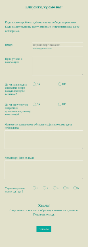 Анкета о Повратним Информацијама Клијената
