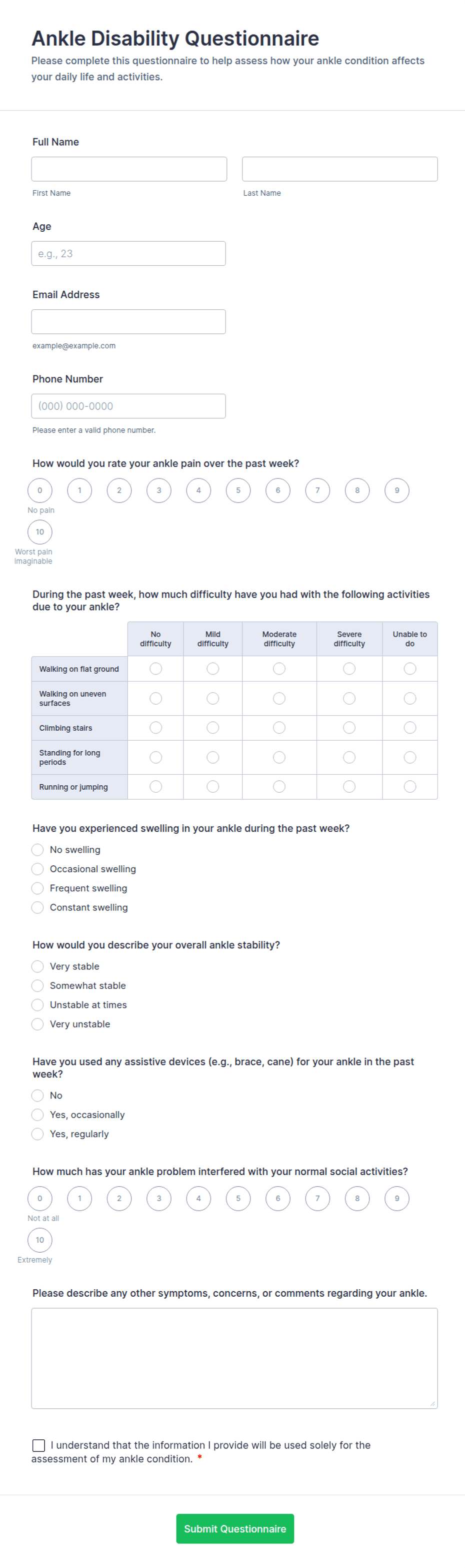 Ankle Disability Questionnaire Form Template | Jotform