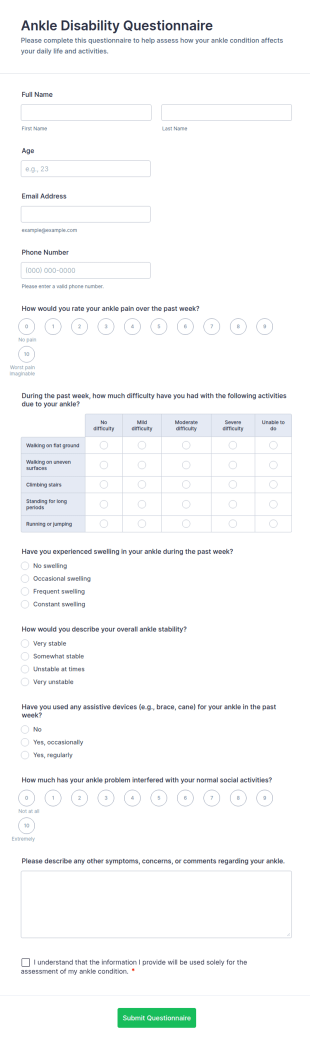 Ankle Disability Questionnaire Form Template