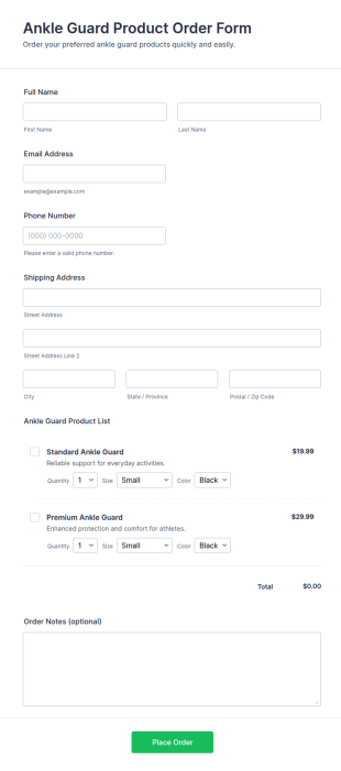 Ankle Guard Product Order Form Template
