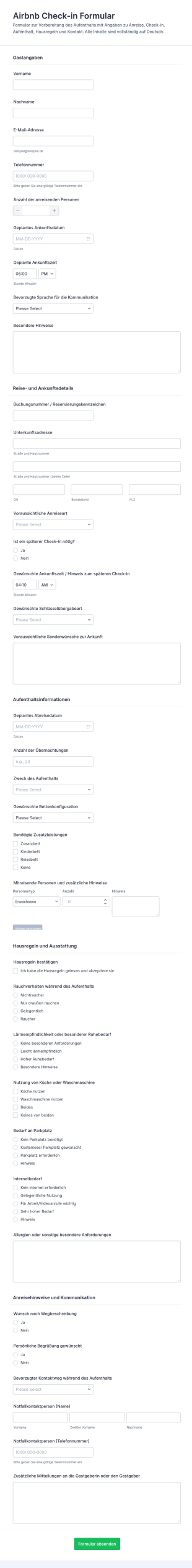 Ankunfts Check In Formular