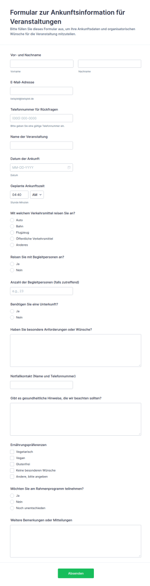 Ankunfts Informationen Für Die Veranstaltung Form