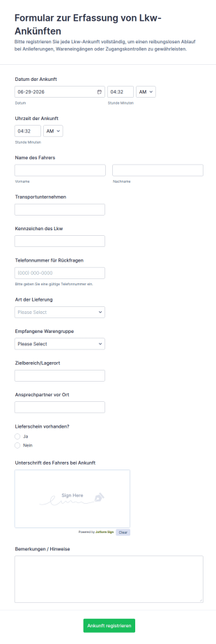 Ankunftsregistrierung Für Lkw Form