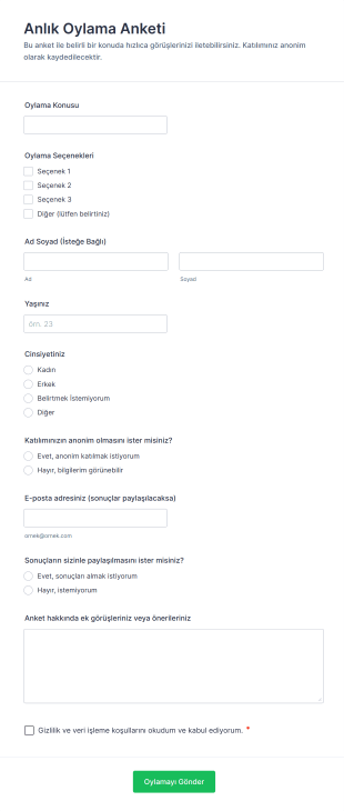 Anlık Oylama Anketi Form Şablonu