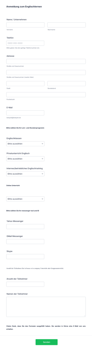 Anmeldeformular Englisch Lernprogramme Form Template