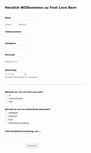 Anmeldeformular First Love Schweiz