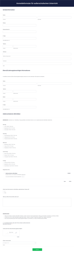 Anmeldeformular Für Außerschulischen Unterricht Form Template