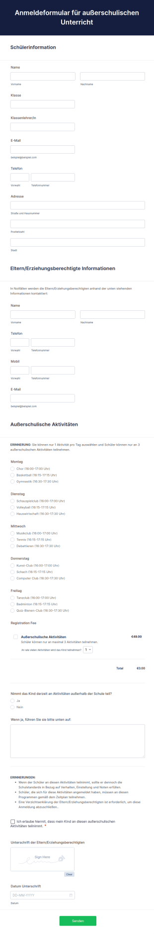 Anmeldeformular Für Außerschulischen Unterricht