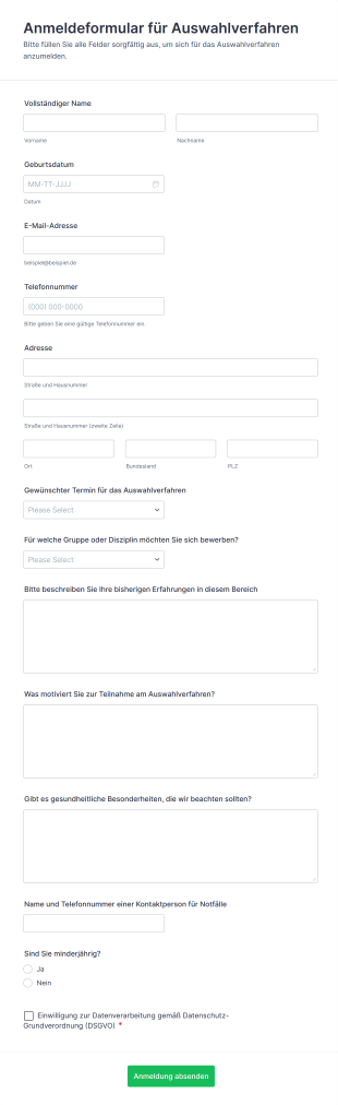 Anmeldeformular Für Auswahlverfahren
