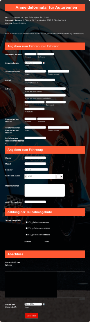 Anmeldeformular Für Autorennen Form Template