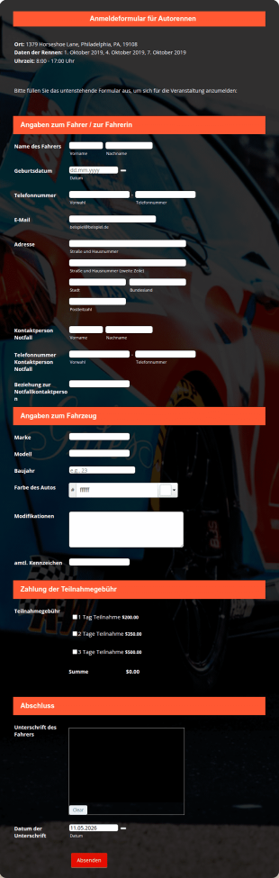 Anmeldeformular Für Autorennen