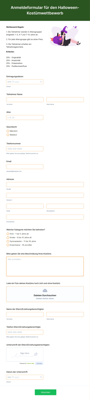 Anmeldeformular Für Den Halloween Kostümwettbewerb Form Template