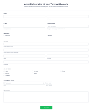 Anmeldeformular Für Den Tanzwettbewerb Form Template