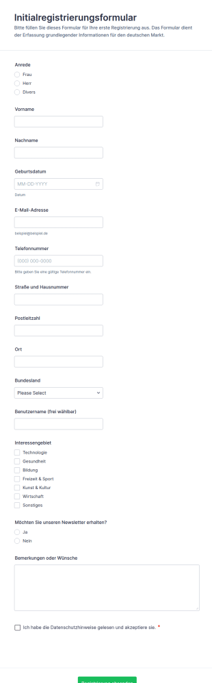Initialregistrierungsformular