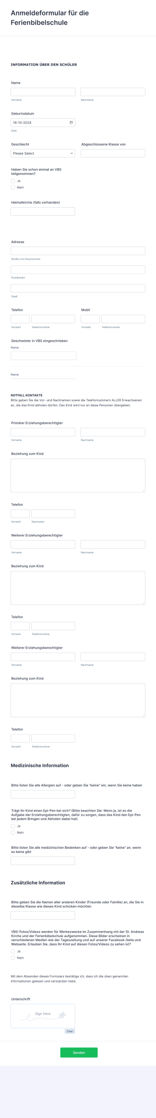 Anmeldeformular Für Die Ferienbibelschule Form Template