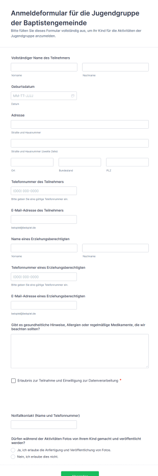 Anmeldeformular Für Die Jugendgruppe Der Baptistengemeinde