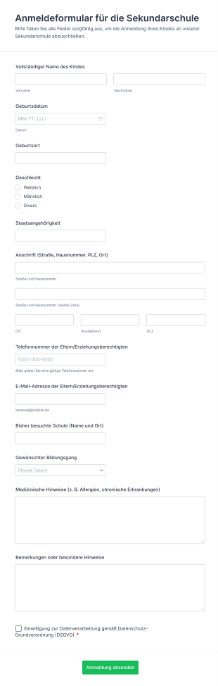 Anmeldeformular Für Die Sekundarschule