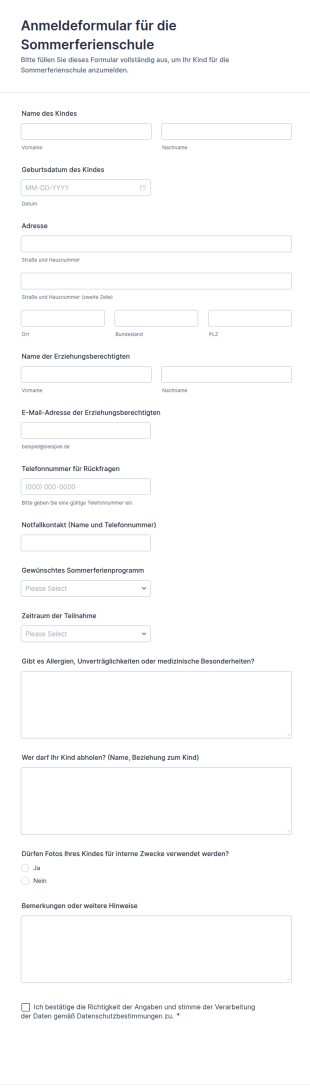 Anmeldeformular Für Die Sommerferienschule