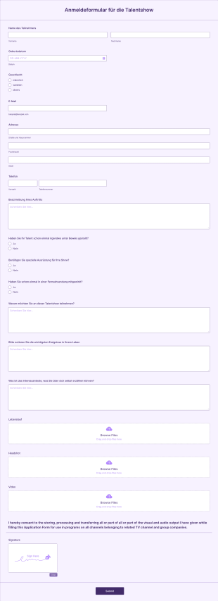 Anmeldeformular Für Die Talentshow