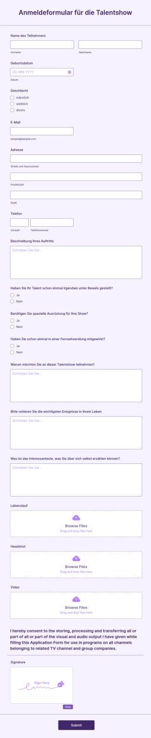 Anmeldeformular Für Die Talentshow
