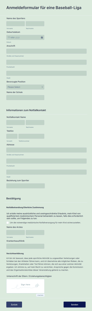 Anmeldeformular Für Eine Baseball Liga
