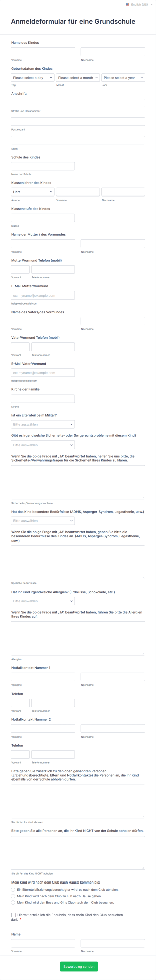 Anmeldeformular Für Eine Grundschule Form Template