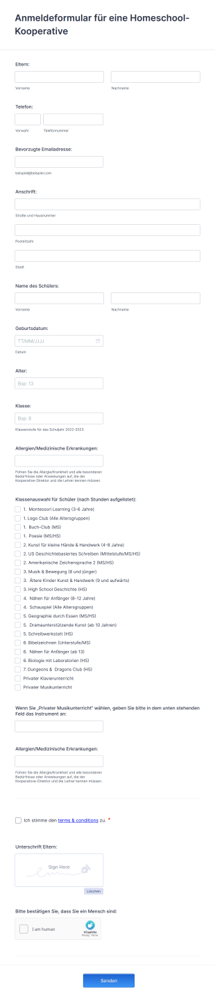 Anmeldeformular Für Eine Homeschool Kooperative Form Template