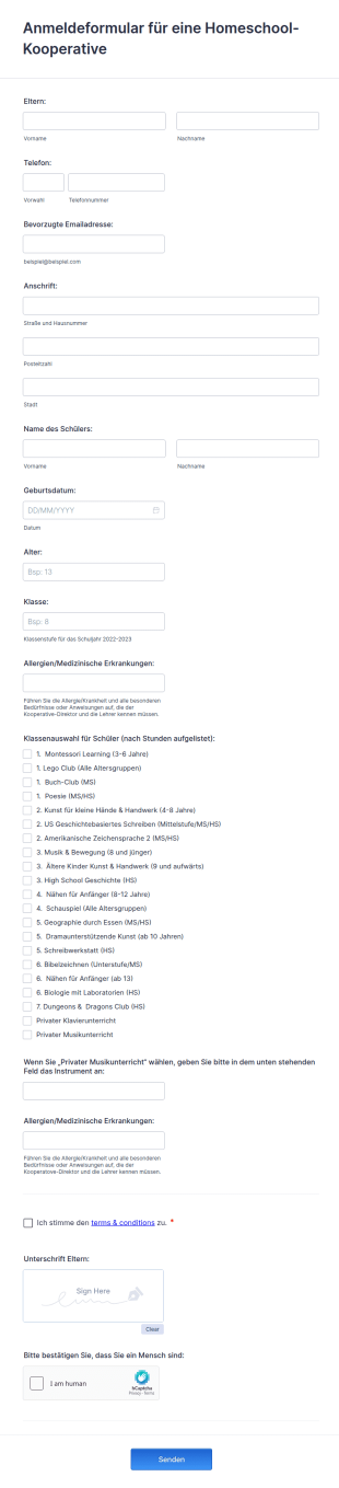 Anmeldeformular Für Eine Homeschool Kooperative
