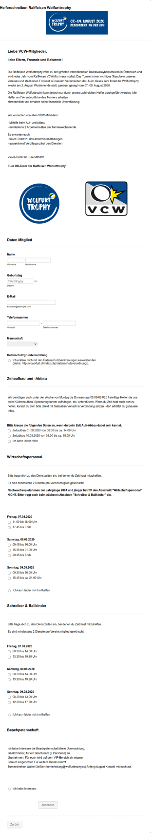 Anmeldeformular Für Freiwillige Tournament Helfer