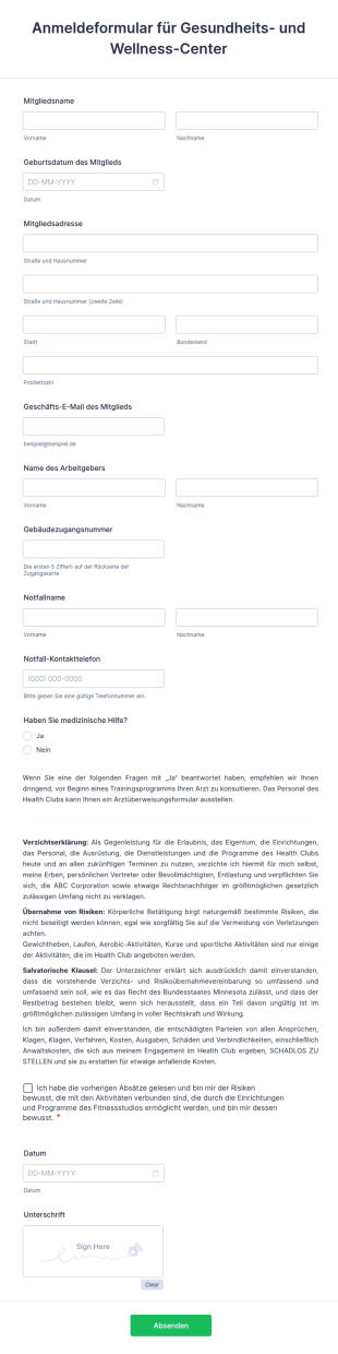 Anmeldeformular Für Gesundheits Und Wellness Center