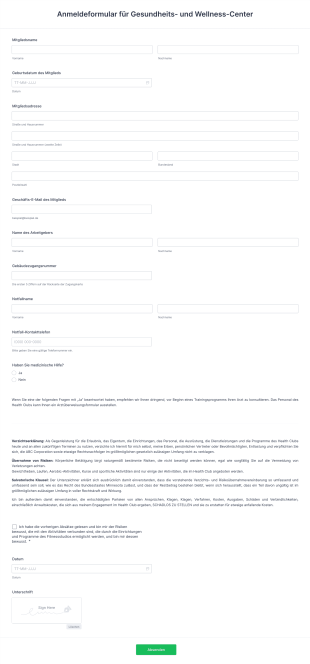 Anmeldeformular Für Gesundheits Und Wellness Center
