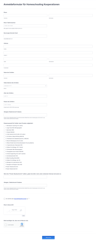 Anmeldeformular Für Homeschooling Kooperationen Form Template