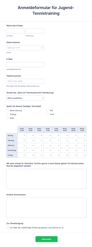 Anmeldeformular Für Jugend Tennistraining