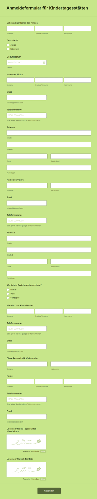 Anmeldeformular Für Kindertagesstätten