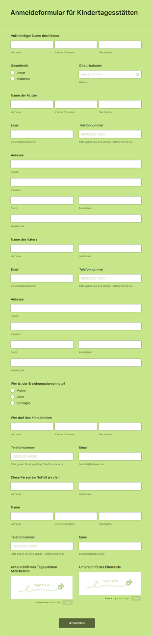 Anmeldeformular Für Kindertagesstätten