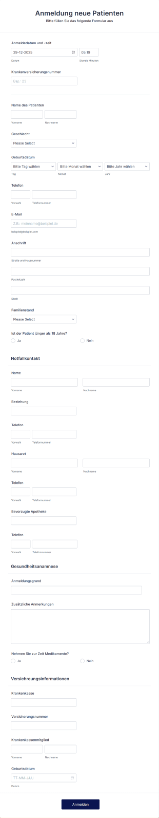 Anmeldeformular Für Krankenhauspatienten