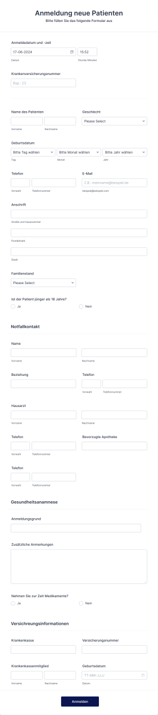 Anmeldeformular Für Krankenhauspatienten Form Template