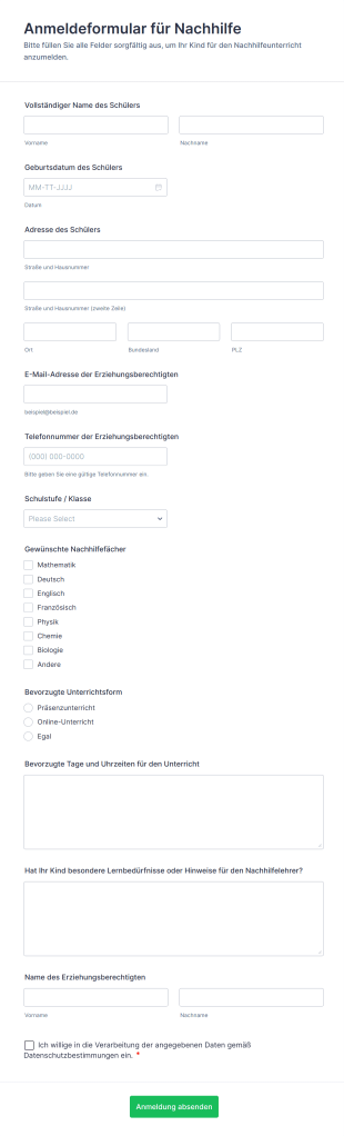 Anmeldeformular Für Nachhilfe