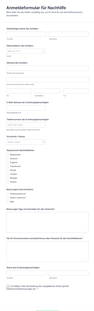 Anmeldeformular Für Nachhilfe