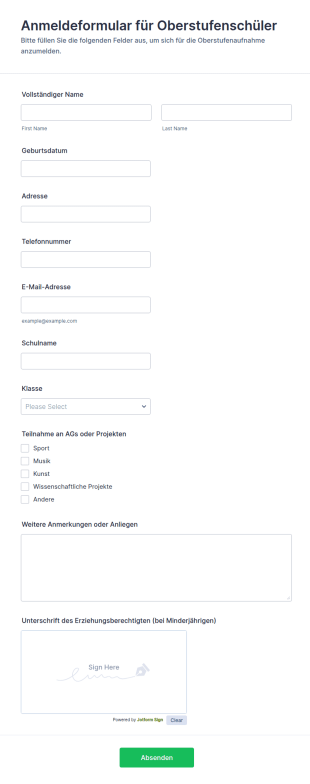 Anmeldeformular Für Oberstufenschüler